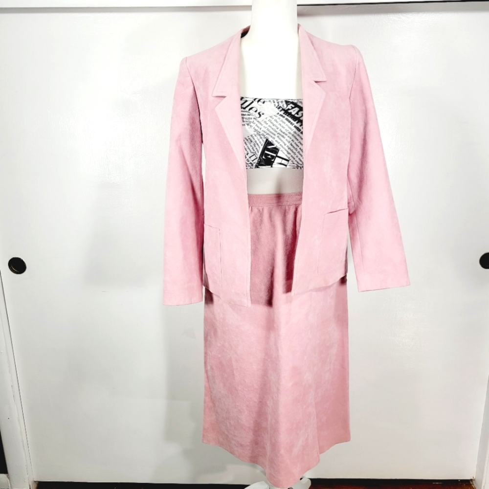 Vintage 1970's Abe Schrader Pink Ultrasuede Skirt Suit, Blazer & Midi Skirt